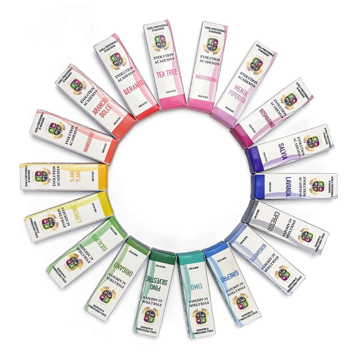 Tea tree, geranio, menta piperita, rosmarino, salvia, lavanda, cipresso, bergamotto, tiglio, e altri oli essenziali da Evolution Academy.