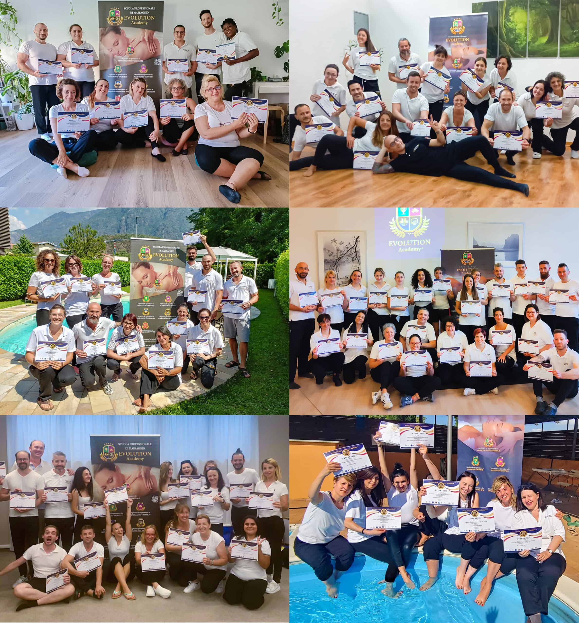 Certificazione corsi formazione Evolution Academy, gruppo di studenti felici con diplomi, ambiente professionale e rivitalizzante.