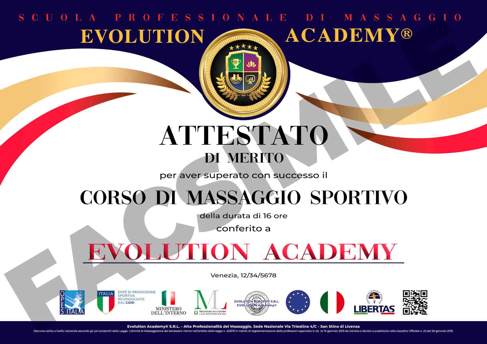 Certificato di merito per corso di massaggio sportivo, diploma professionale di alta qualità.