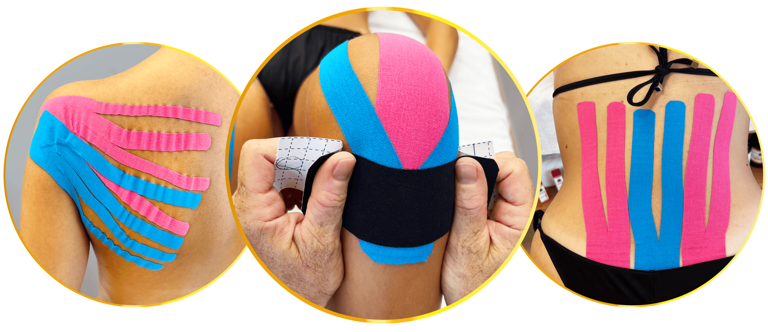 Taping kinesiologico applicato su spalla, ginocchio e schiena per supporto muscolare.
